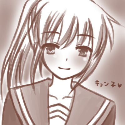 kyon, kyonko, suzumiya haruhi no yuuutsu, gender request, lowres, 00s, 1girl, female focus, genderswap, gradient background, ponytail, school uniform, serafuku, solo