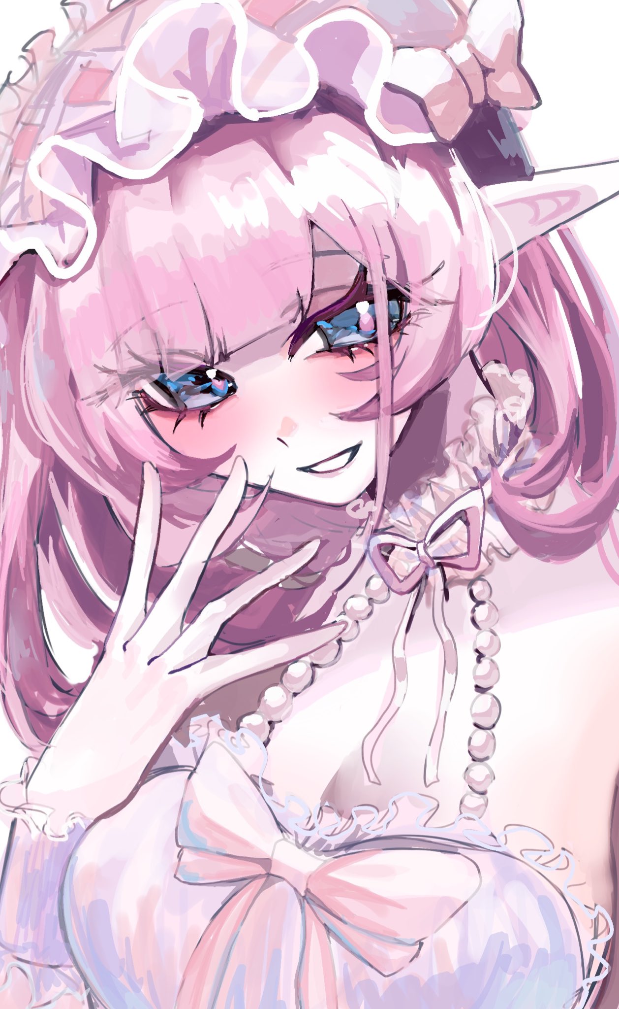 gettou0 0, elysia (honkai impact), honkai (series), honkai impact 3rd, commentary request, highres, 1girl, alternate costume, blue eyes, breasts, cleavage, dress, elf, gloves, large breasts, long hair, looking at viewer, pink hair, pointy ears, smile, solo, upper body, white dress, white gloves