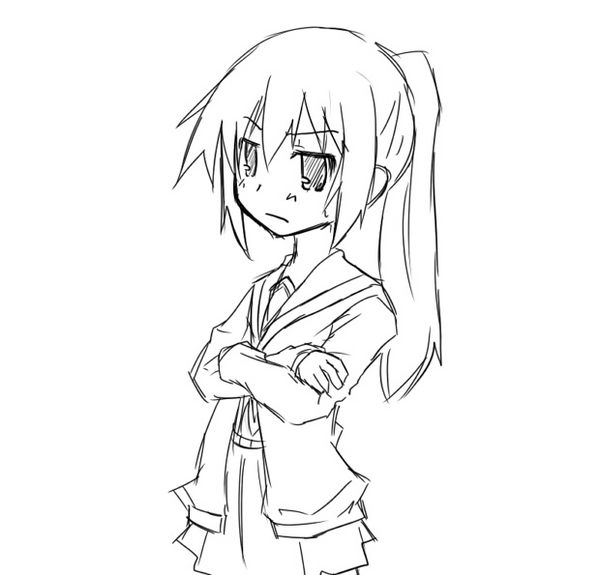 kyon, kyonko, suzumiya haruhi no yuuutsu, gender request, 00s, 1girl, cardigan, female focus, genderswap, greyscale, monochrome, ponytail, school uniform, serafuku, simple background, solo
