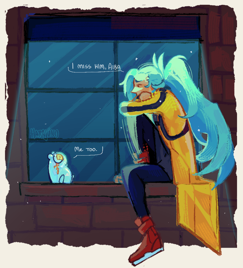 aiba (ai the somnium files), okiura mizuki, ai the somnium files, 1girl, 1other, artist name, blue hair, boots, brown boots, coat, crossed arms, harajuno, knee up, long hair, school uniform, sitting, sitting in window, speech bubble, very long hair, window, yellow coat, yellow eyes