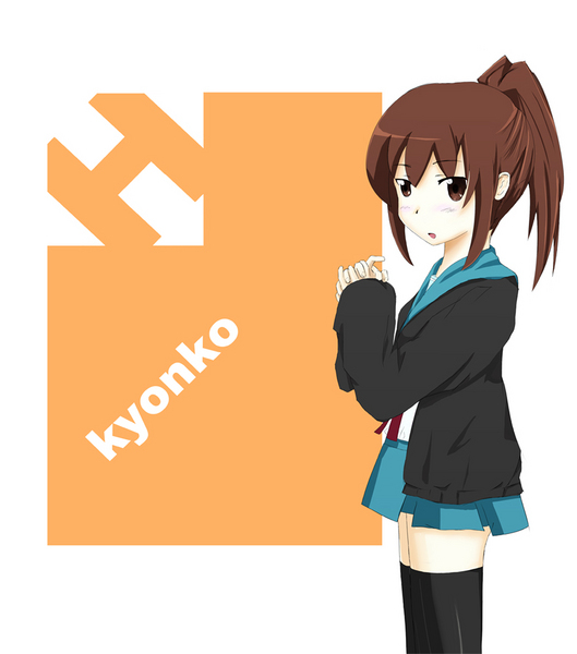 kyon, kyonko, suzumiya haruhi no yuuutsu, 00s, 1girl, female focus, flat chest, genderswap, genderswap (mtf), long sleeves, ponytail, school uniform, serafuku, sleeves past wrists, socks, solo, thighhighs