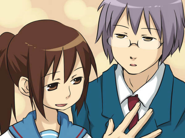 kyon, kyonko, nagato yuki, nagato yuuki, suzumiya haruhi no yuuutsu, silver hair, bad id, bad pixiv id, 00s, 1boy, 1girl, :d, blazer, brown hair, expressionless, genderswap, genderswap (ftm), genderswap (mtf), glasses, hand on another's chest, jacket, necktie, open mouth, ponytail, red necktie, rimless eyewear, sailor collar, school uniform, semi-rimless eyewear, serafuku, sidelocks, smile, upper body