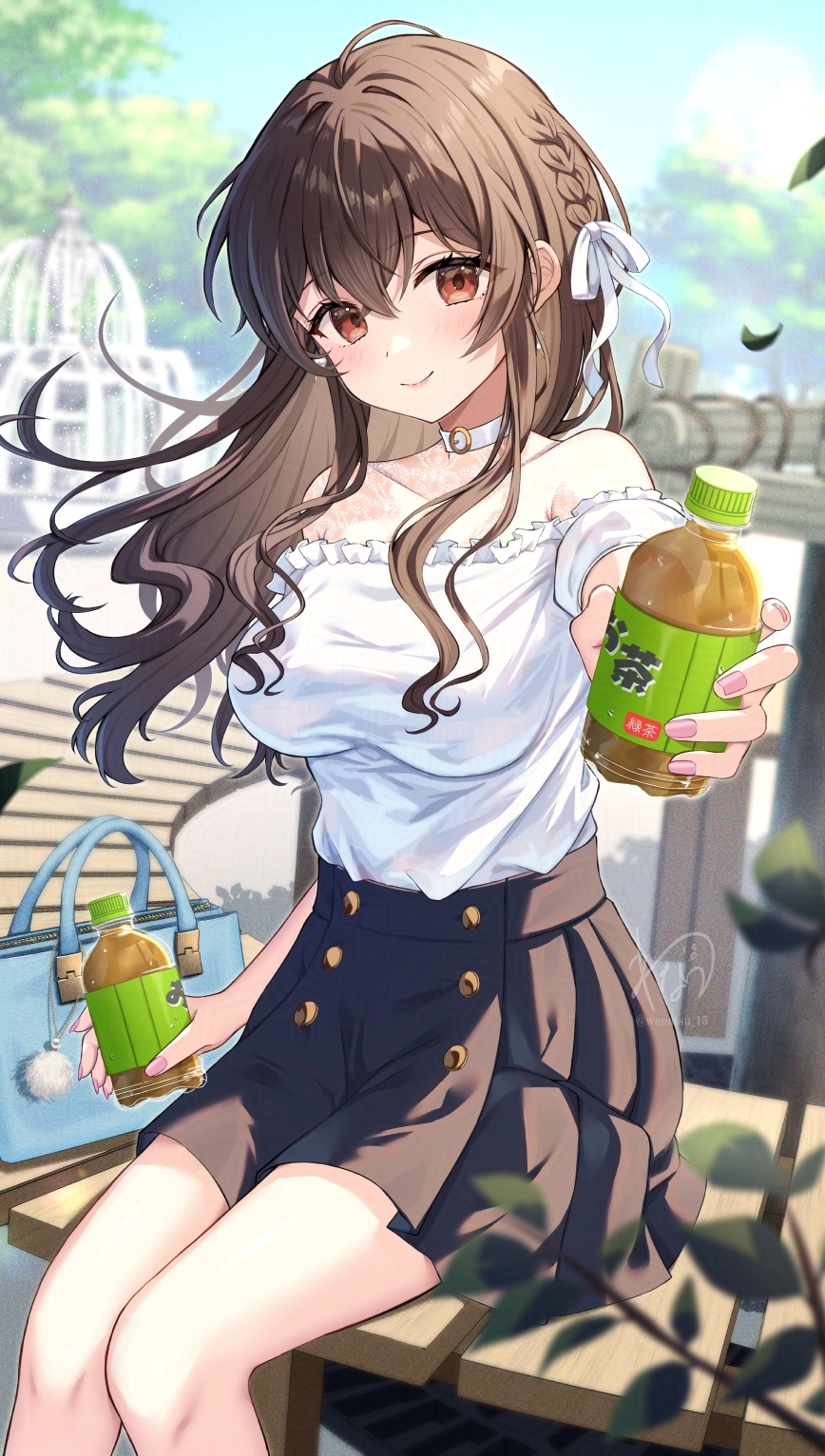 wanatsu 15, original, commentary request, commission, highres, skeb commission, 1girl, bare shoulders, black skirt, blurry, blurry background, blush, bottle, braid, breasts, brown eyes, brown hair, choker, closed mouth, collarbone, day, feet out of frame, hair ribbon, holding, holding bottle, incoming gift, large breasts, long hair, looking at viewer, nail polish, off-shoulder shirt, off shoulder, outdoors, pink nails, ribbon, shirt, short sleeves, signature, sitting, skirt, smile, solo, white choker, white ribbon