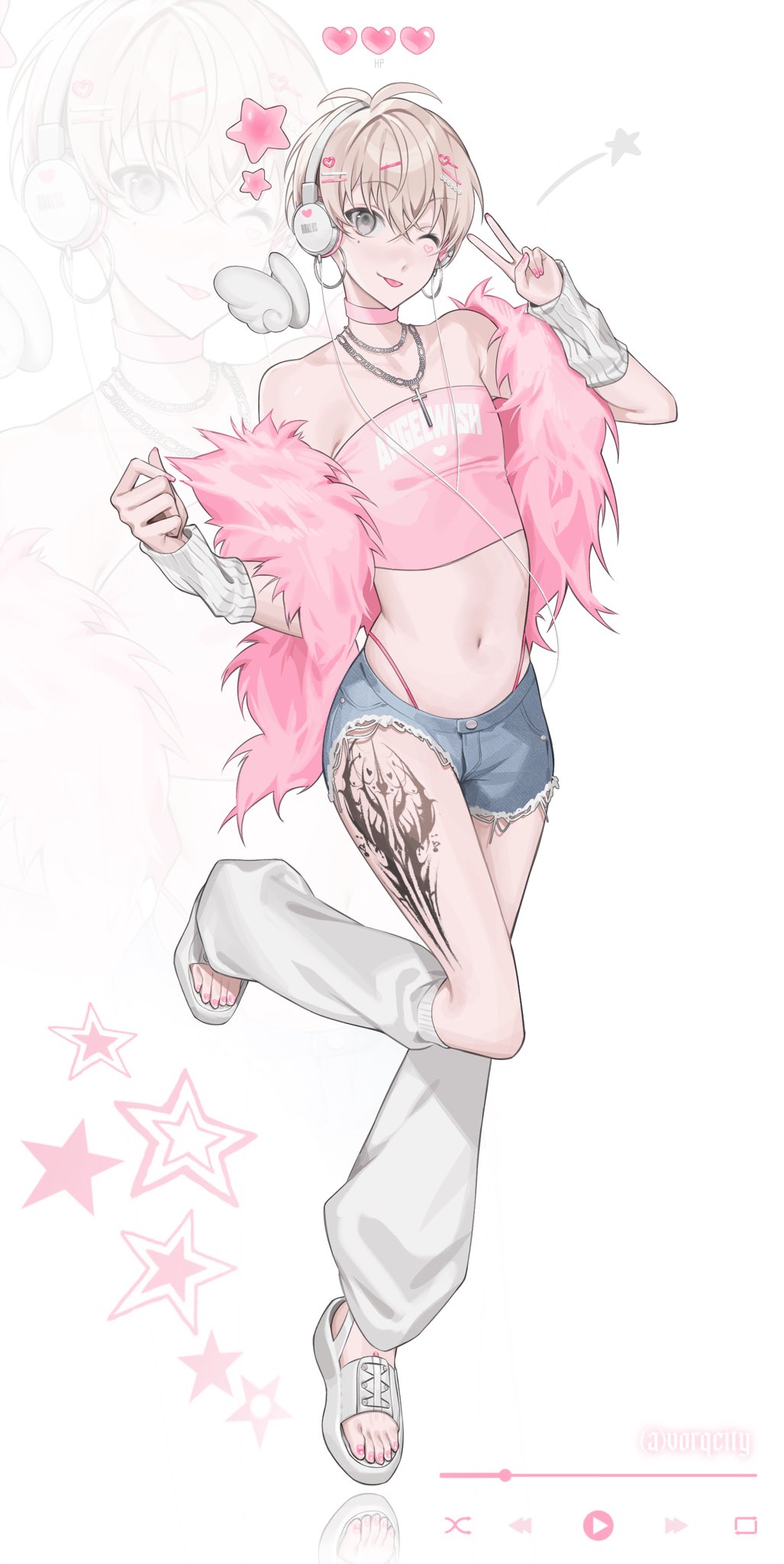 vorqcity, original, commentary, english commentary, highres, 1boy, armpit crease, bare shoulders, blonde hair, blue shorts, choker, clothes writing, cross, cross necklace, crossed bangs, denim, denim shorts, earrings, full body, girly boy, grey eyes, hair between eyes, hair ornament, hairclip, hand up, headphones, hoop earrings, jewelry, leg tattoo, leg warmers, looking at viewer, male focus, mole, mole under eye, nail polish, navel, necklace, one eye closed, panty straps, pink choker, pink nails, pink tube top, sandals, short hair, short shorts, shorts, smile, star (symbol), stomach, strapless, tattoo, tongue, tongue out, tube top, v, white arm warmers, white background, white leg warmers, white sandals, zoom layer