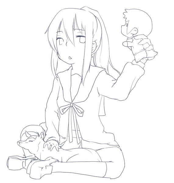kyon, kyonko, suzumiya haruhi no yuuutsu, gender request, 00s, 1girl, animal, arm up, character doll, dog, doll, female focus, full body, genderswap, headpat, indian style, long sleeves, ponytail, ribbon, sailor collar, school uniform, serafuku, simple background, sitting, solo, spread legs, white background