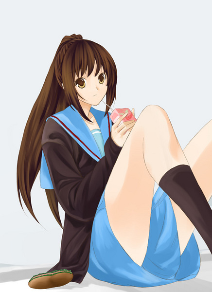 kyon, kyonko, suzumiya haruhi no yuuutsu, 00s, 1girl, black socks, female focus, genderswap, genderswap (mtf), kneehighs, long sleeves, ponytail, school uniform, serafuku, skirt, socks, solo
