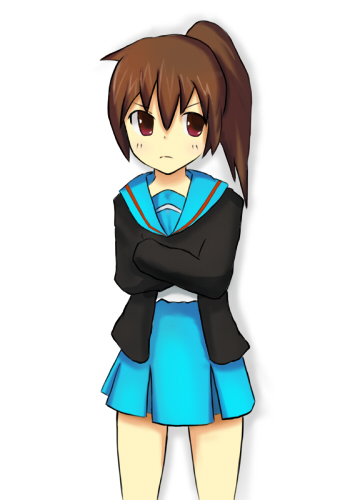 kyon, kyonko, suzumiya haruhi no yuuutsu, gender request, lowres, 00s, 1girl, female focus, genderswap, gradient background, ponytail, school uniform, serafuku, solo