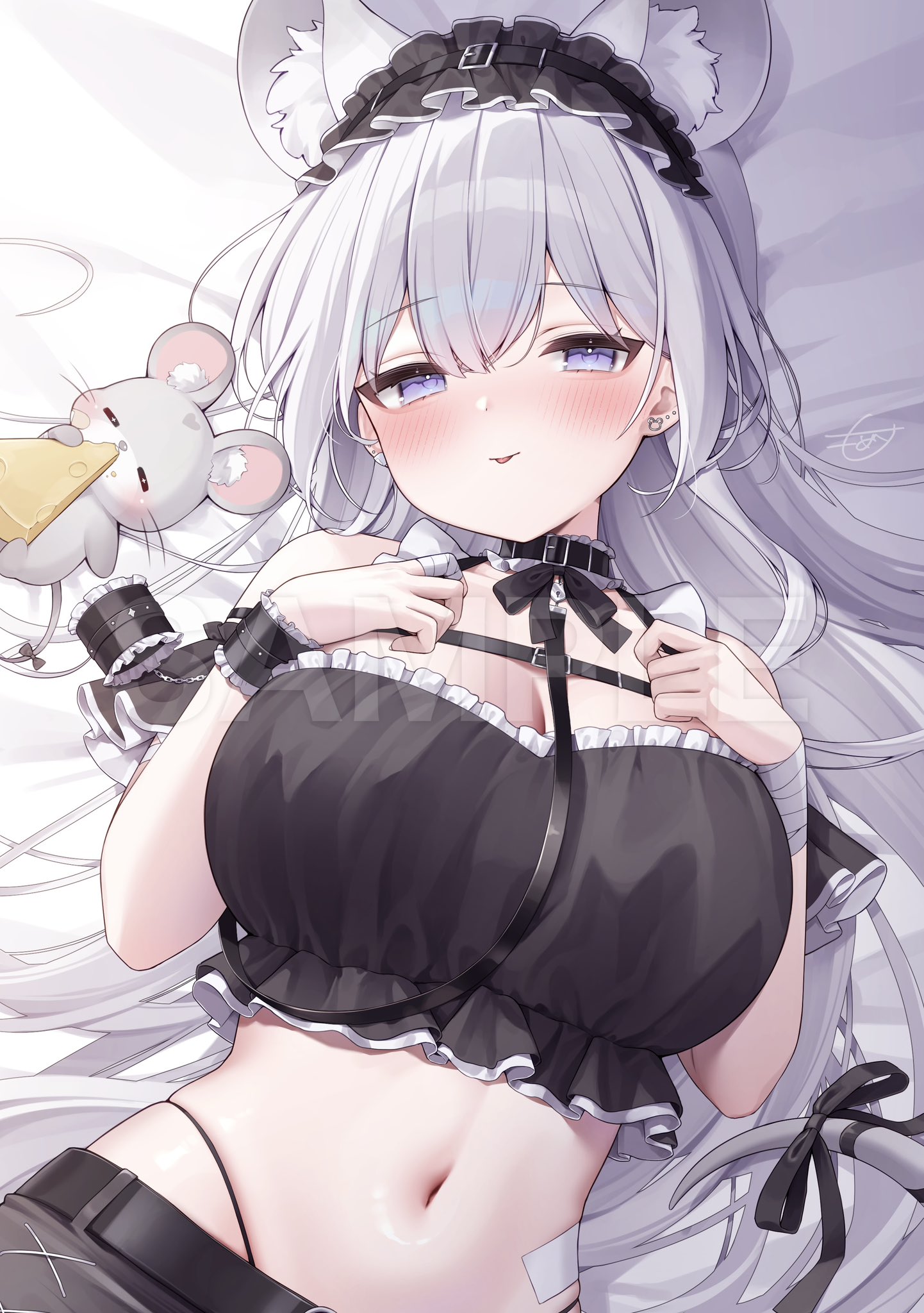 monuke (monu), indie virtual youtuber, commentary, commission, highres, skeb commission, 1girl, animal ears, bandaged wrist, bandages, bare shoulders, bed sheet, belt, black choker, black shirt, breasts, chest harness, choker, cleavage, closed mouth, crop top, ear piercing, extra ears, frilled choker, frilled shirt, frills, hands up, harness, headdress, highleg, large breasts, long hair, looking at viewer, lying, midriff, mouse ears, mouse girl, mouse tail, navel, off shoulder, on back, panty straps, piercing, purple eyes, ribbon, shirt, short sleeves, skindentation, smile, solo, stomach, tail, tail ornament, tail ribbon, tongue, tongue out, very long hair, virtual youtuber, white hair, wristband, yamane nemu (vtuber)