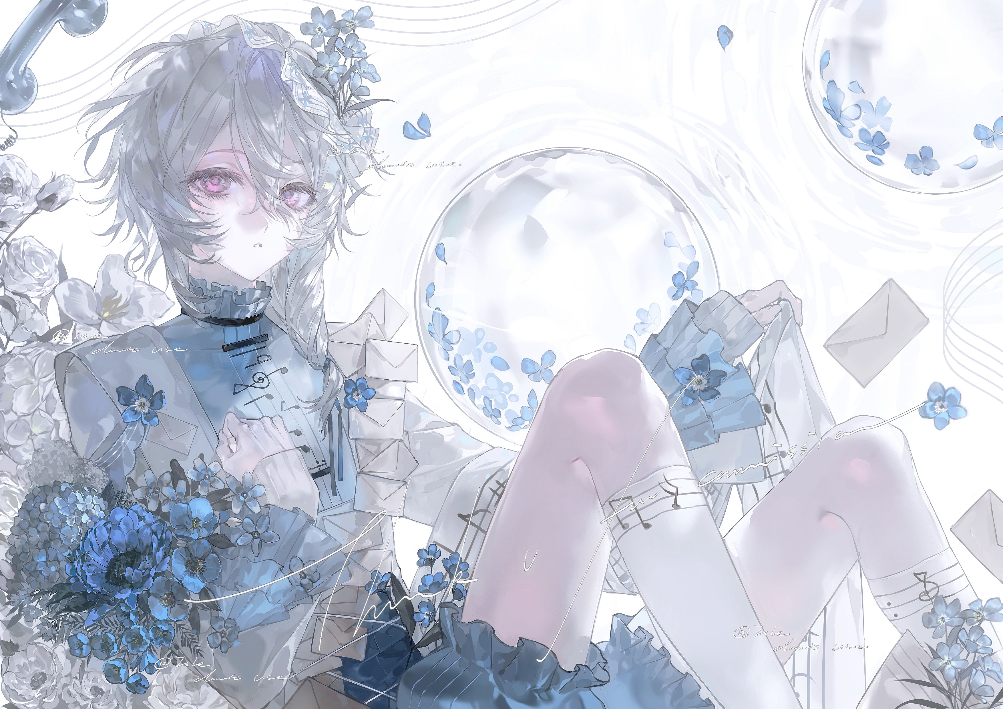 original, absurdres, highres, 1boy, androgynous, bishounen, blue flower, braid, envelope, flower, frilled sleeves, frills, hair between eyes, hair flower, hair ornament, heilanshuimuchu, knees up, long sleeves, looking at viewer, male focus, petals, short hair, shorts, simple background, sitting, socks, solo, white hair
