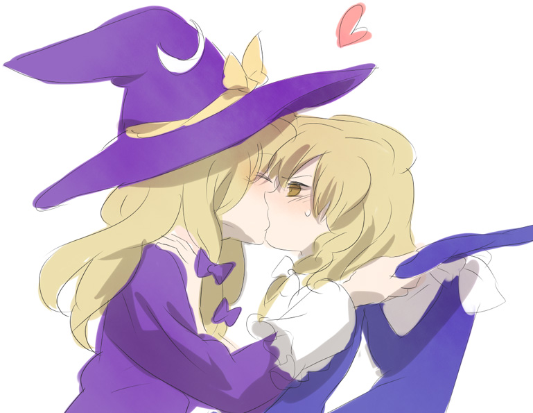 kirisame marisa, kirisame marisa (pc-98), phantasmagoria of dim.dream, touhou, touhou (pc-98), 2girls, blonde hair, dual persona, female focus, kiss, multiple girls, selfcest, time paradox, yuri
