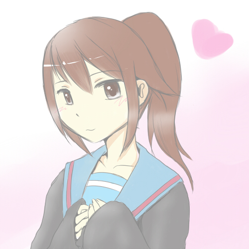 kyon, kyonko, suzumiya haruhi no yuuutsu, gender request, lowres, 00s, 1girl, female focus, genderswap, gradient background, ponytail, school uniform, serafuku, solo