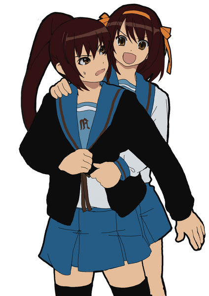 kyon, kyonko, suzumiya haruhi, suzumiya haruhi no yuuutsu, 00s, 2girls, genderswap, genderswap (mtf), multiple girls, ponytail, school uniform, serafuku, simple background, thighhighs, white background