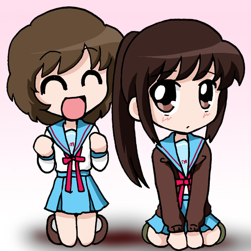 koizumi itsuki, koizumi itsuki (female), kyon, kyonko, suzumiya haruhi no yuuutsu, gender request, 00s, 2girls, :d, :o, ^ ^, blazer, blue skirt, blush, brown eyes, brown hair, closed eyes, genderswap, jacket, kneeling, long sleeves, looking at viewer, multiple girls, open mouth, parted lips, pleated skirt, ponytail, school uniform, serafuku, short hair, sitting, skirt, smile, wariza