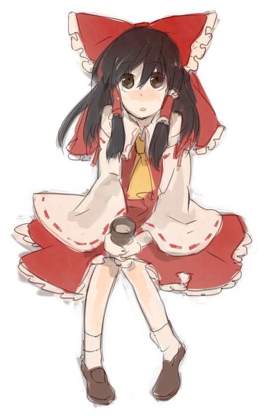 mokeo, hakurei reimu, touhou, 1girl, :o, ascot, black eyes, black hair, blush, bow, female focus, frills, hair bow, hair tubes, loafers, long sleeves, looking at viewer, parted lips, red bow, ribbon-trimmed sleeves, ribbon trim, shoes, sidelocks, sitting, solo, vest