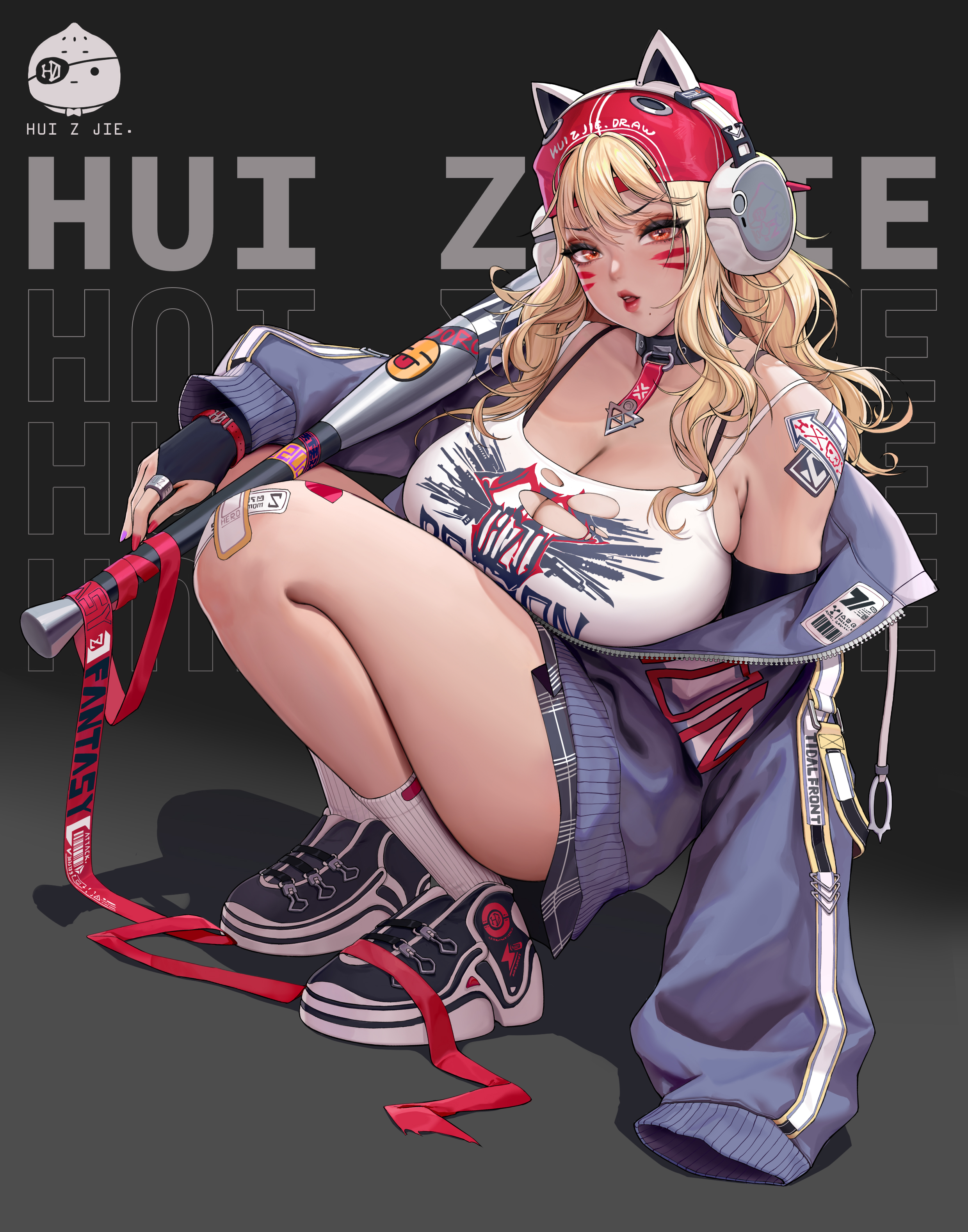 hui z jie, original, absurdres, commentary, english commentary, highres, 1girl, animal ear headphones, animal ears, artist name, backwards hat, bare shoulders, baseball bat, baseball cap, black choker, black gloves, black shirt, black shoes, blonde hair, blue jacket, breasts, bridal gauntlets, choker, cleavage, elbow gloves, facial mark, fake animal ears, gloves, hair through headwear, hat, headphones, huge breasts, jacket, leg tattoo, lips, long sleeves, looking at viewer, miniskirt, orange eyes, partially unzipped, plaid clothes, plaid skirt, red hat, red ribbon, ribbon, shadow, shirt, shoes, shoulder tattoo, skirt, socks, solo, squatting, tank top, tattoo, torn clothes, torn tank top, whisker markings, white socks