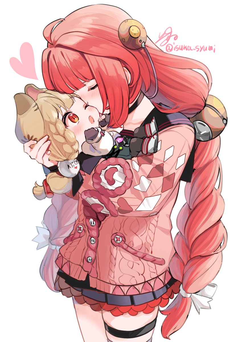 isuka, alice thymefield, ukinami yuzuha, zenless zone zero, braided twintails, highres, 2girls, animal ears, black gloves, black pantyhose, black sailor collar, black skirt, blonde hair, blush, braid, braided bangs, cardigan, choker, closed eyes, fingerless gloves, gloves, hair ornament, hair ribbon, hearing aid, holding chibi, hug, kiss, kissing cheek, long hair, long sleeves, low twin braids, low twintails, multiple girls, one eye closed, open mouth, pantyhose, pink cardigan, pleated skirt, rabbit ears, rabbit girl, red eyes, red hair, ribbon, sailor collar, shirt, skirt, sphere hair ornament, standing, thigh strap, twin braids, twintails, very long hair, white shirt