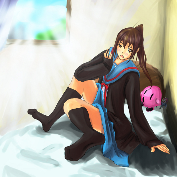 kyon, kyonko, suzumiya haruhi no yuuutsu, gender request, 00s, 1girl, bed, bed sheet, black socks, blazer, blue skirt, blush, brown hair, female focus, genderswap, indoors, jacket, kneehighs, light rays, long hair, long sleeves, looking at viewer, miniskirt, on bed, ponytail, sailor collar, school uniform, serafuku, skirt, socks, solo, sunlight, thighs