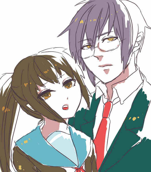 kyon, kyonko, nagato yuki, nagato yuuki, suzumiya haruhi no yuuutsu, 00s, 1boy, 1girl, :o, brown eyes, brown hair, expressionless, genderswap, genderswap (ftm), genderswap (mtf), glasses, height difference, long hair, looking at viewer, open mouth, ponytail, purple eyes, rimless eyewear, round teeth, school uniform, serafuku, simple background, sweatdrop, teeth, upper body, white background