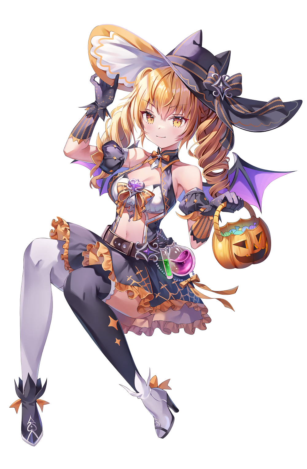 gin (gin937), fenny golden, snowbreak: containment zone, commentary, highres, 1girl, animal hat, asymmetrical footwear, asymmetrical legwear, bare shoulders, bat wings, black boots, black hat, black skirt, black sleeves, black thighhighs, blonde hair, blush, boots, breasts, cat hat, cleavage, closed mouth, detached sleeves, drill hair, frilled skirt, frills, full body, halloween, halloween bucket, hat, high heel boots, high heels, holding, jack-o'-lantern, large breasts, looking at viewer, midriff, mismatched footwear, mismatched legwear, navel, puffy detached sleeves, puffy sleeves, short sleeves, simple background, sitting, skirt, smile, snowbreak design contest, solo, thighhighs, twintails, white background, white boots, white thighhighs, wings, witch hat