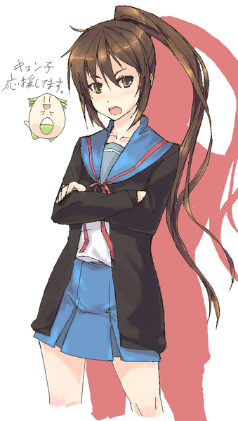 kyon, kyonko, suzumiya haruhi no yuuutsu, translated, 00s, 1girl, female focus, genderswap, genderswap (mtf), ponytail, school uniform, serafuku, solo
