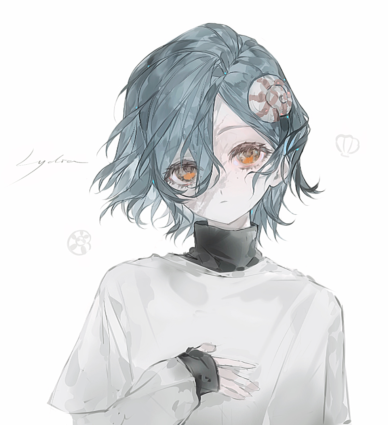 original, highres, 1girl, blue hair, closed mouth, hair between eyes, hair ornament, hand on own chest, heilanshuimuchu, long sleeves, looking at viewer, orange eyes, shell, shell hair ornament, shirt, short hair, simple background, sleeves past wrists, solo, sweater, turtleneck, turtleneck sweater, upper body, white shirt