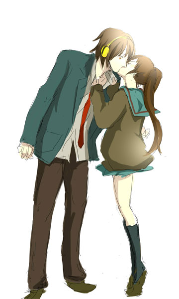 kyon, kyonko, suzumiya haruhi, suzumiya haruhiko, suzumiya haruhi no yuuutsu, 00s, 1boy, 1girl, blouse, genderswap, genderswap (ftm), genderswap (mtf), headphones, hetero, kiss, kneehighs, ponytail, school uniform, serafuku, shirt, socks, surprised, tiptoes, white shirt