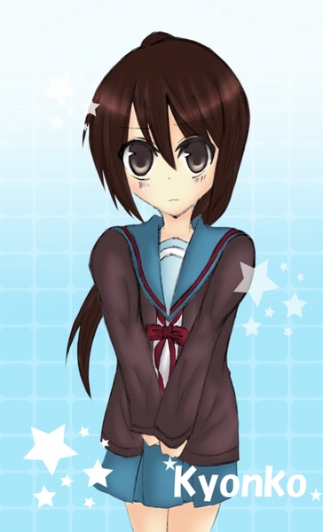 kyon, kyonko, suzumiya haruhi no yuuutsu, 00s, 1girl, female focus, genderswap, genderswap (mtf), long sleeves, ponytail, school uniform, serafuku, skirt, solo