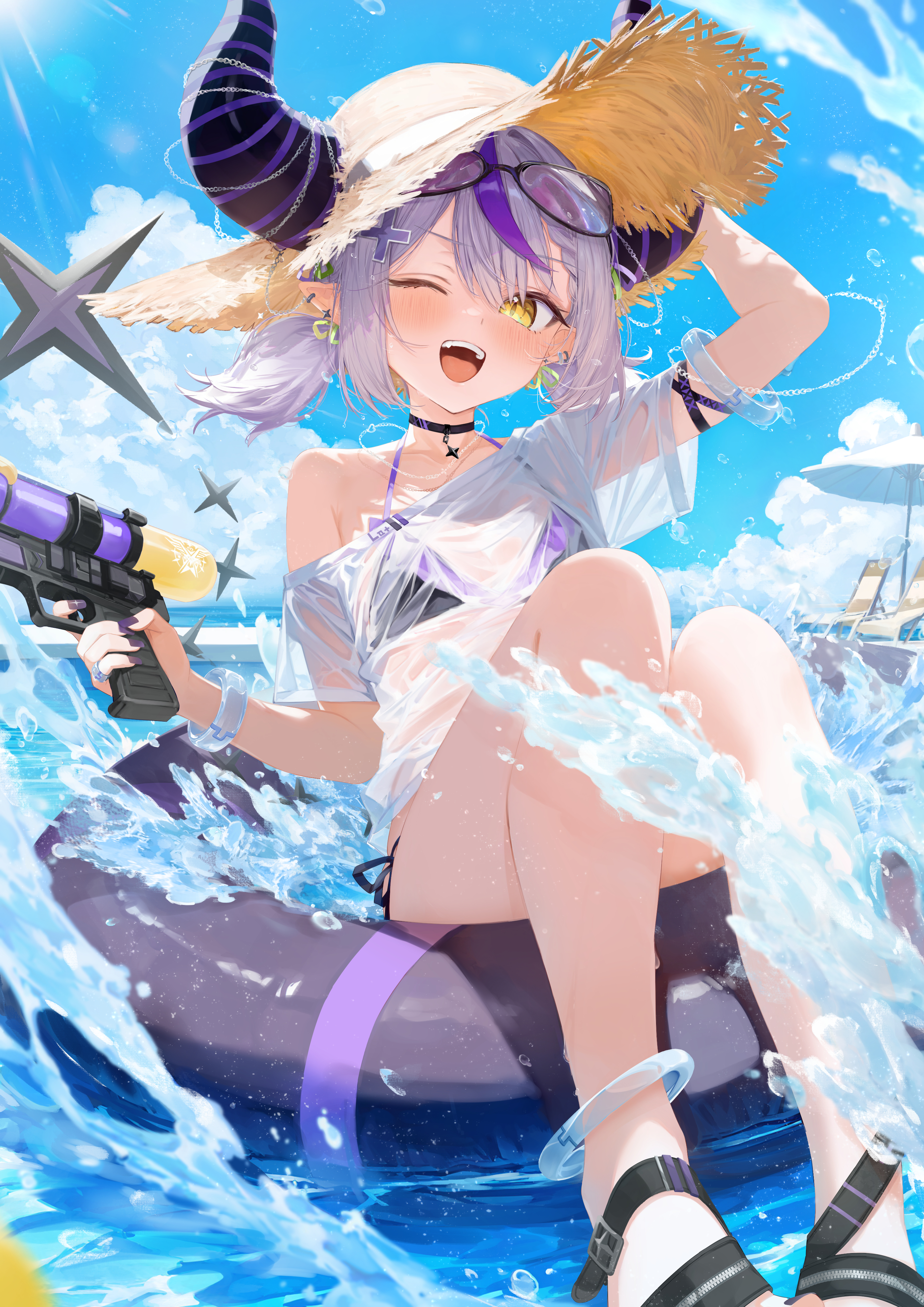 motoi (croa76), la+ darknesss, hololive, holonatsu paradise, absurdres, highres, 1girl, :d, afloat, anklet, bikini, black-framed eyewear, black bikini, black choker, black horns, black sandals, blue sky, blush, bracelet, braid, braided bangs, choker, cross hair ornament, day, demon girl, demon horns, earrings, eyewear on head, fang, flat chest, grey hair, hair ornament, hat, holding, holding water gun, horns, horns through headwear, huge horns, innertube, jewelry, looking at viewer, multicolored hair, official alternate costume, official alternate hairstyle, on innertube, one eye closed, open mouth, outdoors, parasol, pointy ears, pool, purple horns, purple innertube, purple nails, purple streaks, ring, sandals, see-through clothes, see-through shirt, shirt, short hair, short sidetail, single bare shoulder, sky, smile, solo, splashing, straw hat, streaked hair, striped horns, sun hat, swim ring, swimsuit, t-shirt, umbrella, virtual youtuber, water, water drop, water gun, wet, wet clothes, wet shirt, white shirt, yellow eyes