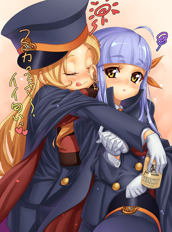 kink (tortoiseshell), chiaki (shigofumi), fumika, shigofumi, translation request, 00s, 2girls, :q, ahoge, alcohol, beer, blonde hair, blue hair, blunt bangs, blush, can, cape, closed eyes, drunk, gloves, hat, heart, holding hands, multiple girls, nuzzle, scarf, shako cap, striped clothes, striped scarf, sweatdrop, tongue, tongue out, unworn hat, unworn headwear, yuri