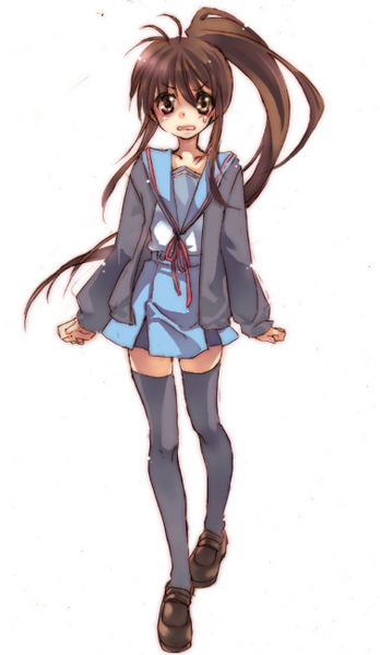 6land, kyon, kyonko, suzumiya haruhi no yuuutsu, 00s, 1girl, black thighhighs, brown shoes, female focus, full body, genderswap, genderswap (mtf), ponytail, school uniform, serafuku, shoes, simple background, skirt, solo, thighhighs