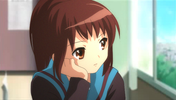 kyon, kyonko, suzumiya haruhi no yuuutsu, anime screenshot, gender request, 00s, 1girl, female focus, genderswap, indoors, ponytail, school uniform, serafuku, sky, solo
