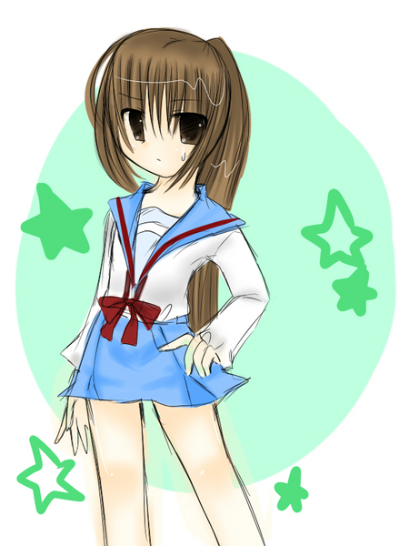 kyon, kyonko, suzumiya haruhi no yuuutsu, 00s, 1girl, female focus, genderswap, genderswap (mtf), long sleeves, ponytail, school uniform, serafuku, skirt, solo