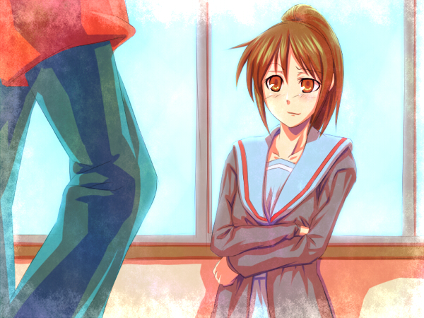 kyon, kyonko, suzumiya haruhi, suzumiya haruhiko, suzumiya haruhi no yuuutsu, 00s, 1boy, 1girl, brown eyes, brown hair, genderswap, genderswap (ftm), genderswap (mtf), indoors, long sleeves, pants, ponytail, sailor collar, school uniform, serafuku, solo focus, upper body, window