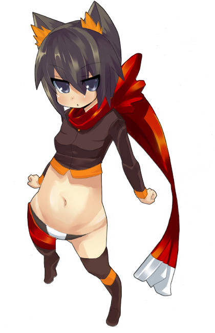 koba, kiki (koba), original, bad id, bad pixiv id, 1girl, :<, animal ears, blue eyes, female focus, midriff, scarf, short hair, solo, thighhighs