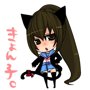 kyon, kyonko, suzumiya haruhi no yuuutsu, lowres, 00s, 1girl, animal ears, black thighhighs, cat ears, cat tail, female focus, full body, genderswap, genderswap (mtf), panties, ponytail, school uniform, serafuku, simple background, solo, tail, thighhighs, underwear