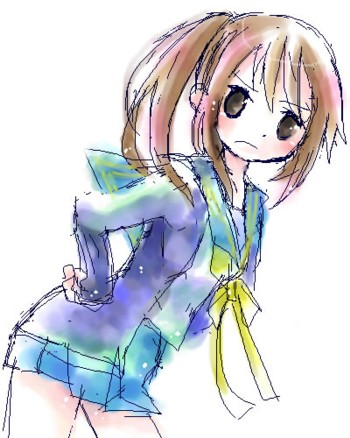 kyon, kyonko, suzumiya haruhi no yuuutsu, lowres, 00s, 1girl, female focus, genderswap, genderswap (mtf), long sleeves, ponytail, school uniform, serafuku, simple background, solo