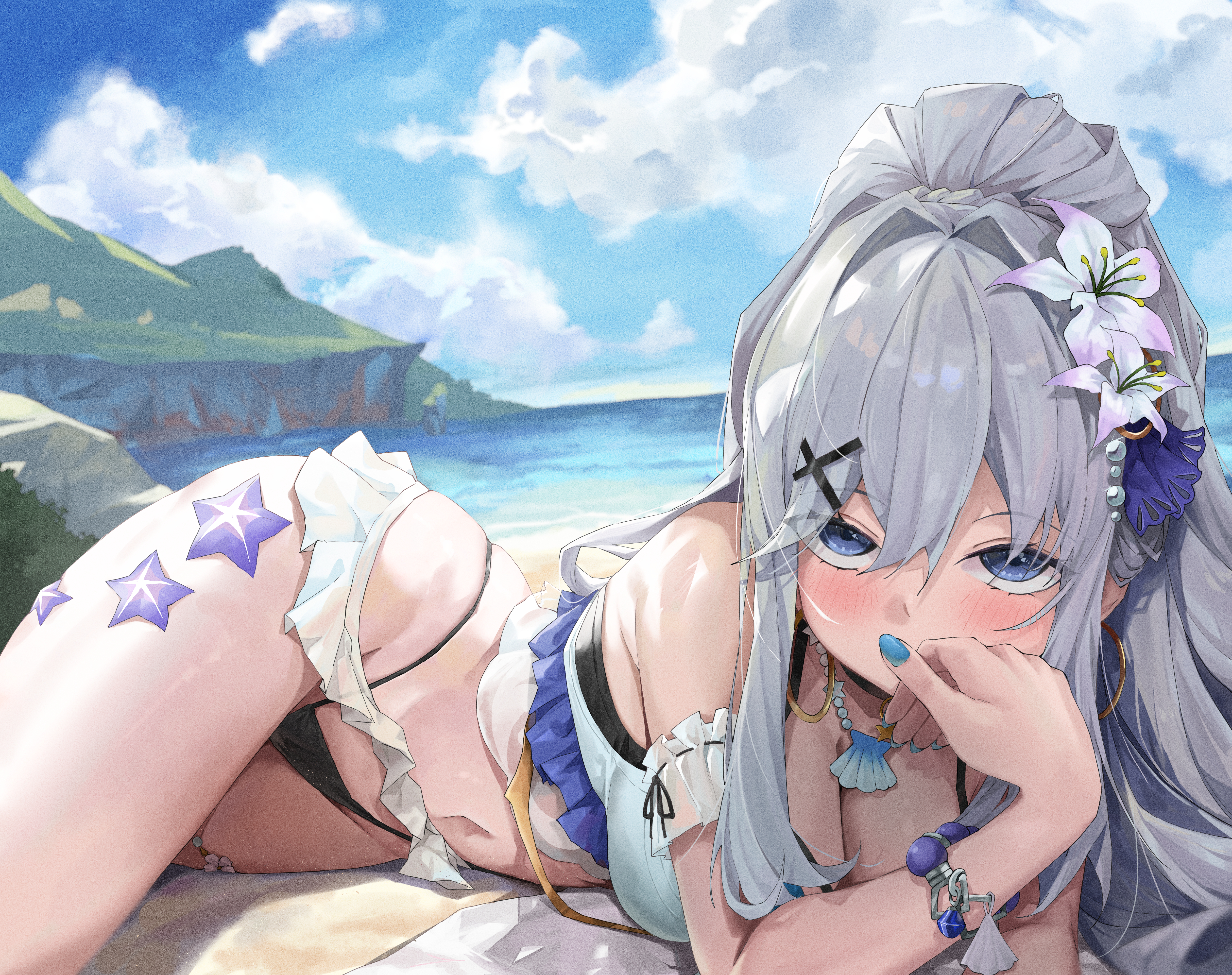 jeon (user ywaw3774), adina savic, black survival, eternal return: black survival, absurdres, commentary, commission, highres, pixiv commission, 1girl, bare shoulders, bikini, black bikini, blue eyes, blue nails, blush, breasts, cleavage, covering own mouth, flower, grey hair, hair between eyes, hair flower, hair ornament, hand over own mouth, highleg, highleg bikini, jewelry, large breasts, long hair, lying, navel, necklace, ocean, on side, ponytail, purple flower, scenery, shell, shell necklace, sidelocks, sky, solo, stomach, swimsuit, white bikini