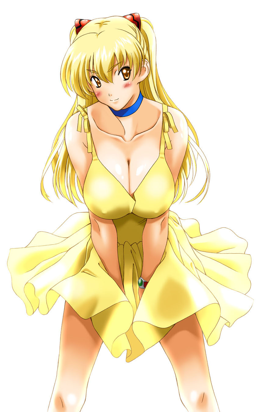 kamia (not found), matsuoka kiyone, souryuu asuka langley, neon genesis evangelion, original, bad id, bad pixiv id, highres, 1girl, breasts, choker, cleavage, cosplay, covered erect nipples, crossover, dress, female focus, huge breasts, large breasts, simple background, solo, souryuu asuka langley (cosplay), white background, yellow dress