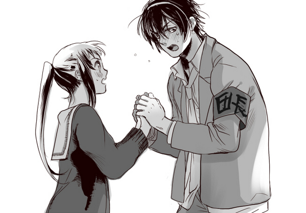 kyon, kyonko, suzumiya haruhi, suzumiya haruhiko, suzumiya haruhi no yuuutsu, looking away, 00s, 1boy, 1girl, armband, blazer, cardigan, flying sweatdrops, genderswap, genderswap (ftm), genderswap (mtf), greyscale, hetero, holding hands, jacket, long hair, long sleeves, looking at another, monochrome, necktie, open mouth, ponytail, school uniform, serafuku, shirt, simple background, upper body, white background