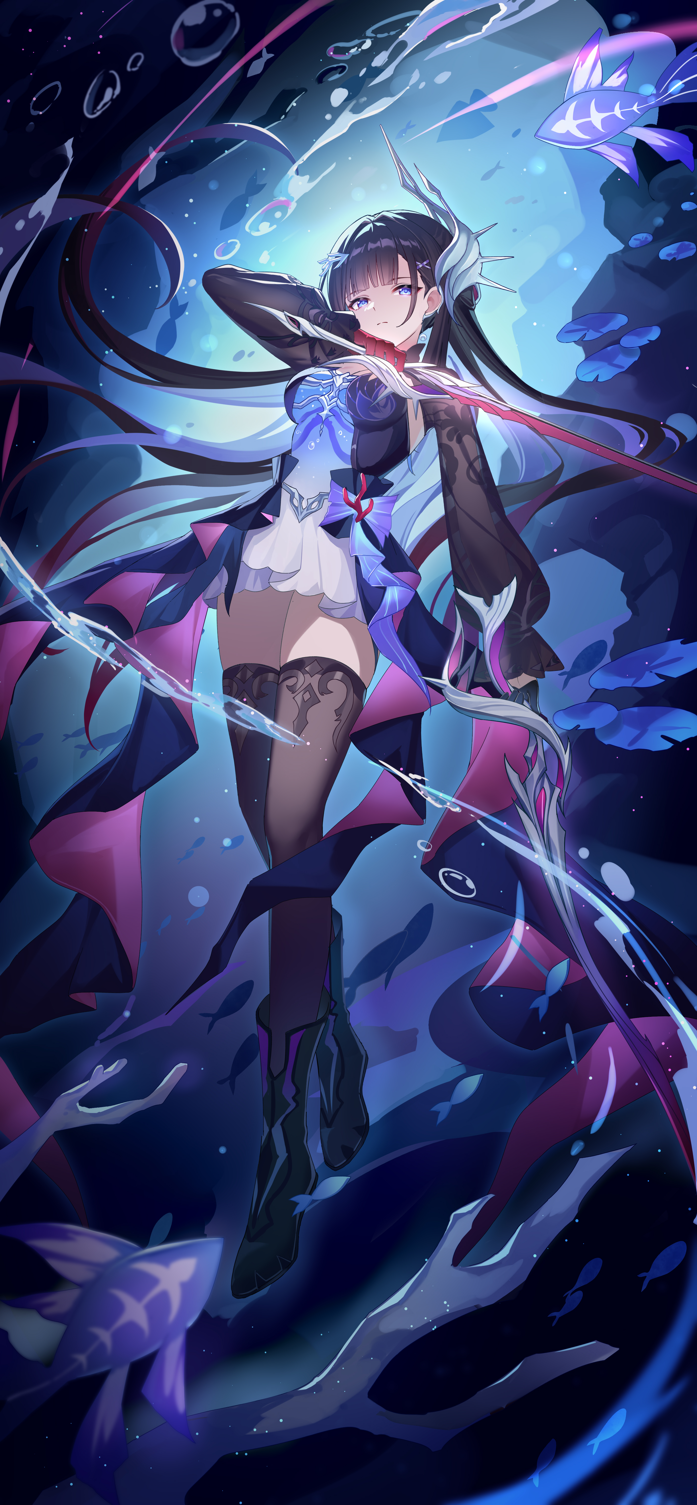 moonct, hysilens (honkai: star rail), honkai: star rail, honkai (series), absurdres, highres, 1girl, black boots, black hair, black thighhighs, blue eyes, blunt bangs, boots, breasts, closed mouth, coral, dress, dual wielding, full body, hair ornament, holding, holding sword, holding weapon, long hair, long sleeves, looking at viewer, medium breasts, solo, sword, thighhighs, underwater, weapon, white dress, zettai ryouiki