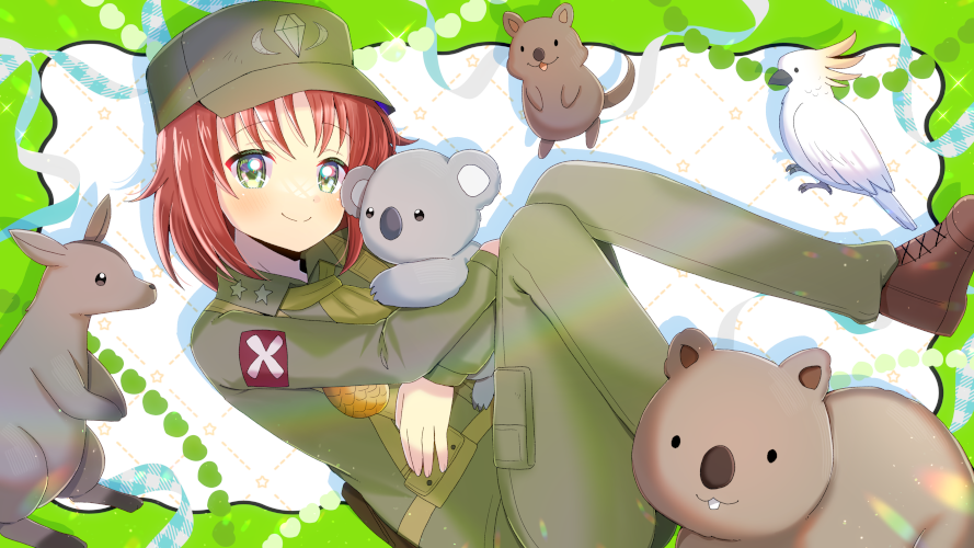 kou hiyoyo, indie virtual youtuber, animal request, character request, commentary request, 1girl, animal, bird, brown shoes, closed mouth, collared shirt, food, fruit, green eyes, green hair, green pants, green shirt, hat, koala, long sleeves, multi-source commentary, pants, parrot, peaked cap, pineapple, red hair, shirt, shoes, short hair, smile, virtual youtuber, wombat