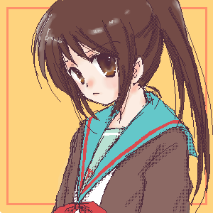 kyon, kyonko, suzumiya haruhi no yuuutsu, gender request, lowres, 00s, 1girl, cardigan, female focus, genderswap, ponytail, school uniform, serafuku, solo