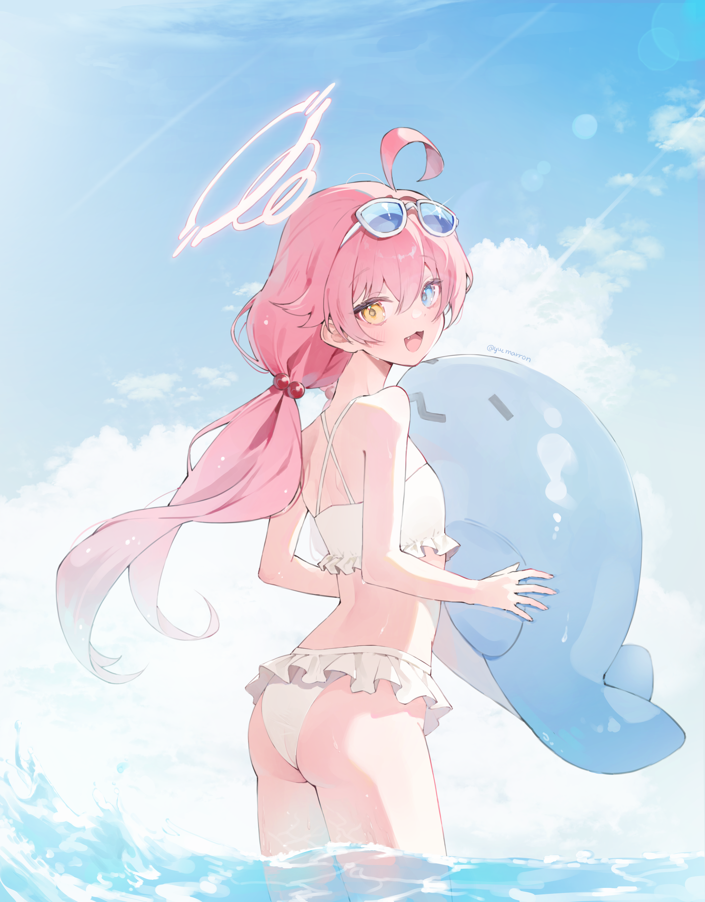 yw marron, hoshino (blue archive), blue archive, absurdres, commentary, highres, 1girl, :3, :d, ahoge, ass, bikini, blue eyes, blue sky, blush, cloud, cowboy shot, day, eyewear on head, frilled bikini, frills, hair between eyes, hair bobbles, hair ornament, halo, heterochromia, long hair, looking at viewer, low twintails, open mouth, outdoors, pink hair, pink halo, sky, smile, solo, sunglasses, swimsuit, twintails, twitter username, wading, water, white bikini, yellow eyes