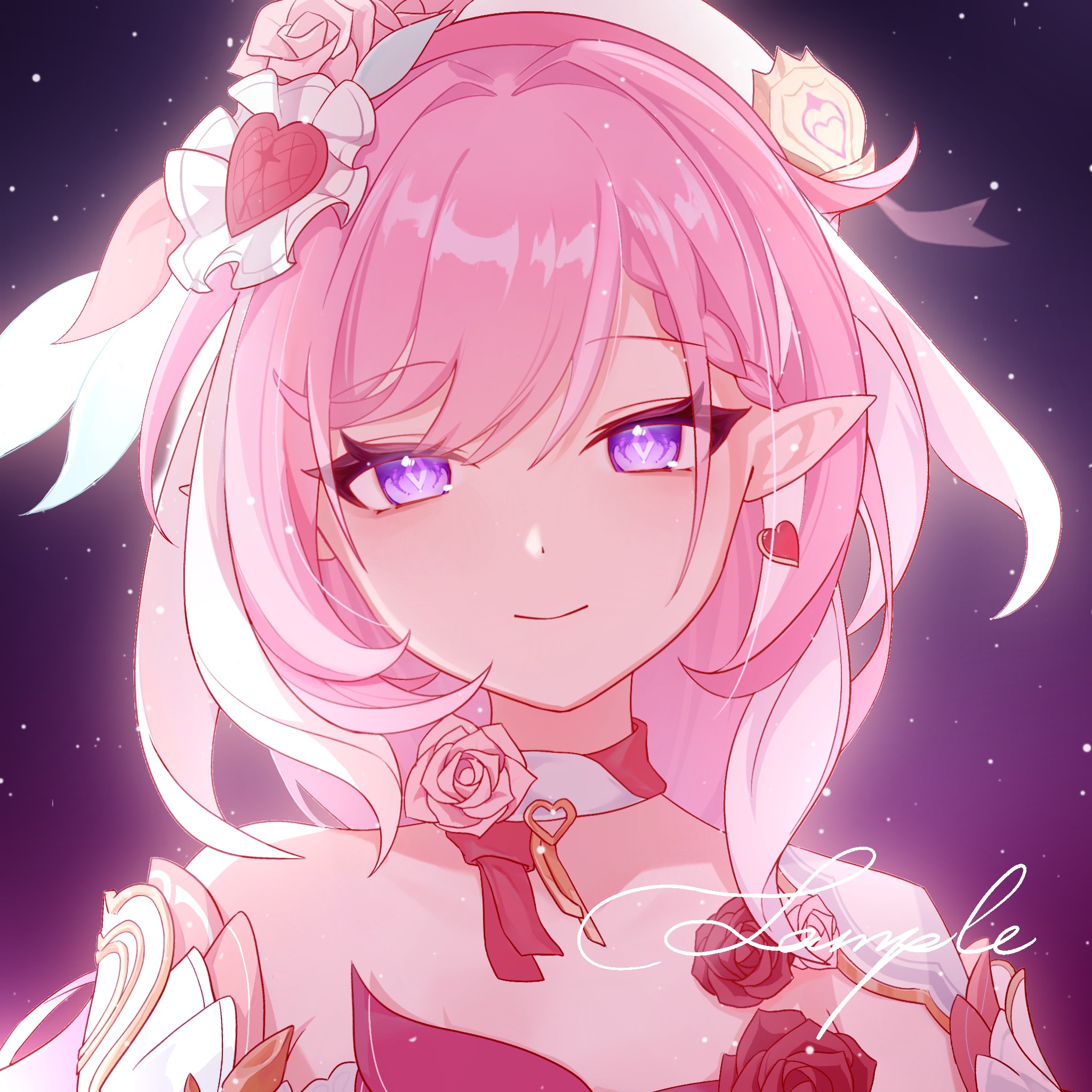 elysia (honkai impact), honkai (series), honkai impact 3rd, chinese commentary, commentary request, highres, 1girl, bare shoulders, beret, earrings, elysia (hi elf of love) (honkai impact), hat, he li (lofter 714175573470), heart, heart earrings, jewelry, long hair, looking at viewer, multicolored hair, night, night sky, pink hair, purple eyes, sky, smile, solo, star (sky), starry sky, two-tone hair, upper body, white hair, white hat