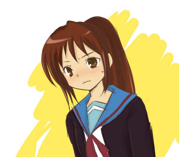 kyon, kyonko, suzumiya haruhi no yuuutsu, bad id, bad pixiv id, gender request, 00s, 1girl, cardigan, female focus, genderswap, ponytail, school uniform, serafuku, solo