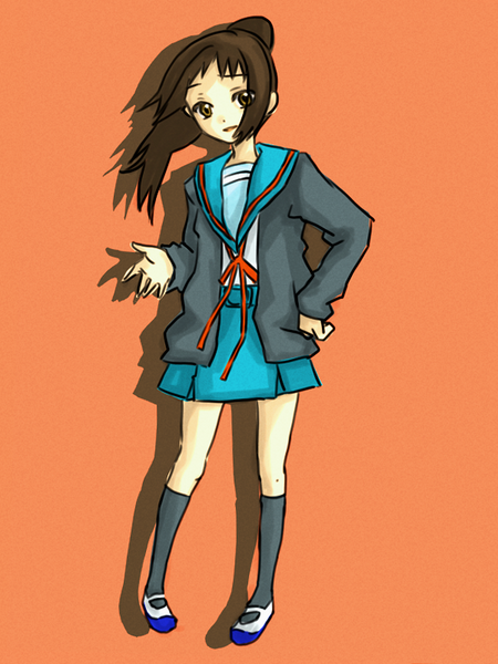 kyon, kyonko, suzumiya haruhi no yuuutsu, 00s, 1girl, black socks, female focus, full body, genderswap, genderswap (mtf), kneehighs, long sleeves, ponytail, school uniform, serafuku, simple background, socks, solo