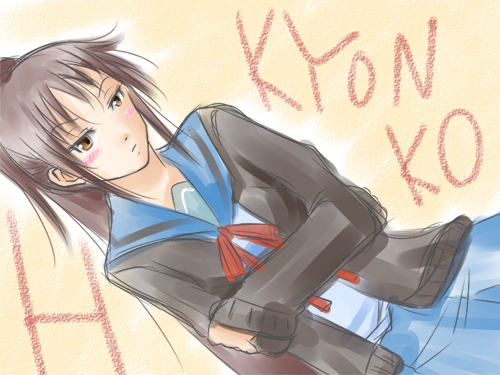 kyon, kyonko, suzumiya haruhi no yuuutsu, bad id, bad pixiv id, lowres, 00s, 1girl, blush, cardigan, female focus, genderswap, genderswap (mtf), long sleeves, ponytail, school uniform, serafuku, solo
