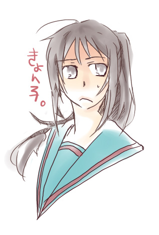 kyon, kyonko, suzumiya haruhi no yuuutsu, gender request, lowres, 00s, 1girl, female focus, genderswap, ponytail, school uniform, serafuku, simple background, solo