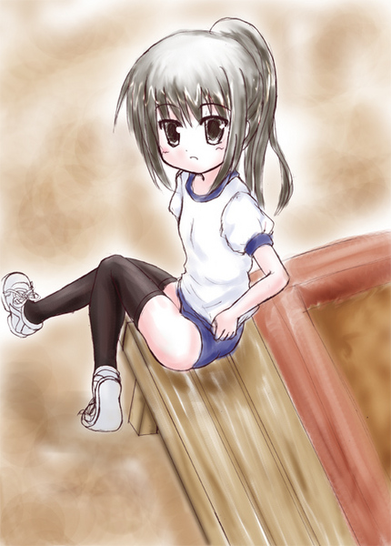 kyon, kyonko, suzumiya haruhi no yuuutsu, gender request, 00s, 1girl, buruma, female focus, genderswap, gym uniform, outdoors, ponytail, solo, thighhighs