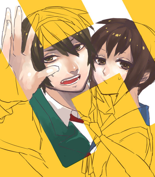 kyon, kyonko, suzumiya haruhi, suzumiya haruhiko, suzumiya haruhi no yuuutsu, 00s, 1boy, 1girl, :d, genderswap, genderswap (ftm), genderswap (mtf), long sleeves, looking at viewer, open mouth, partially colored, school uniform, serafuku, short hair, simple background, smile, sweatdrop, teeth, white background